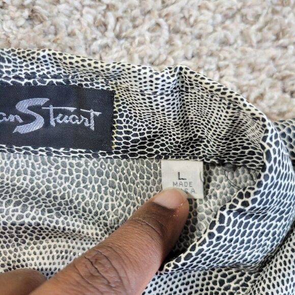 Vintage Alan Stuart Shirt Mens Large Gray Geometric Polyester Button Up Staining - Picture 2 of 7